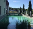 A serene swimming pool surrounded by a low fence, white balusters, and lush greenery, with a modern building in the background and a clear blue sky overhead.