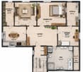 Floor plan of a furnished3-room apartment with living room, dining room, kitchen, two bedrooms, bathroom, and hallway.