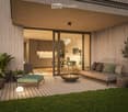 Modern outdoor patio with wooden decking, a fireplace, a sofa, ottoman, dining table, chairs, and potted plants.