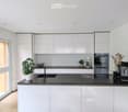Modern kitchen with white cabinets, black countertop, stainless steel appliances, and a potted plant on the island.