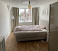 Cozy bedroom with wooden flooring, large window with curtains, bed with pink bedding, nightstand, mirror, and floor lamp.
