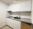 Modern kitchen with white cabinets, a stainless steel sink, a faucet, and a built-in dishwasher. The countertop is light grey, and the floor is tiled.