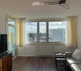 Modern living room with large windows offering a view, a grey sofa with a white throw pillow, a coffee table, a television on a wooden stand, and a radiator below the windows.
