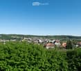 A panoramic view of a town with houses, trees, and a distant hill under a clear blue sky.
