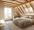 Modern attic bedroom with wooden beams, skylights, and large windows. Features a bed with pillows and blankets, nightstand with lamp, desk with mirror, and decorative vases.