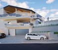 Modern two-story house with white exterior, black roof, large garage, and two balconies overlooking a scenic view.