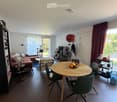 Modern living and dining area with a round wooden dining table, green chairs, a pink sofa, a bookshelf, a cat tree, and a television. The space features large windows with curtains and a view of greenery outside.