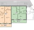 Floor plan of a two-bedroom apartment with living/dining area, kitchen, two bathrooms, and two balconies.