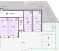 Floor plan showing four garages (labeled 04, 05, 06, 07) and a technical room (03), with labeled dimensions and a central access area (02).