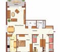Floor plan of a multi-room apartment including a living/dining area, kitchen, parent bedroom, two bedrooms, bathroom, and balcony.