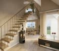 Modern interior with a wooden staircase, a central fireplace, a dining area with a table and chairs, and a sleek cabinet with decorative items.