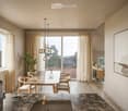 Modern kitchen and dining area with a sleek dining table, chairs, and a balcony view. Features include a coffee machine, induction stove, and a large picture frame on the wall.