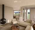 Modern living room with a large window offering a scenic view, featuring a sectional sofa, armchair, coffee table, and a sleek black fireplace.