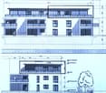 Floor plan of a multi-story building with labeled rooms and dimensions, including living areas, bedrooms, and bathrooms.