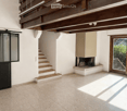 Bright hallway with wooden ceiling beams, tiled floor, sliding glass door leading to outdoor area, staircase, and fireplace.