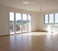 Empty room with wooden flooring, large windows, and sliding glass doors leading to a balcony.