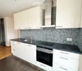 Modern kitchen with white cabinets, black countertops, stainless steel sink and faucet, built-in oven, and range hood. Mosaic tile backsplash and wooden flooring.