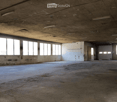 Empty industrial-style room with concrete floors and walls, large windows, and exposed ceiling beams. No furniture or equipment present.