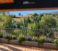 Balcony with wooden decking, metal railing, and lush greenery in planters, overlooking a scenic countryside view.