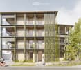 Modern multi-story residential building with balconies, greenery, and contemporary design. The building features a sleek, minimalist facade with large windows and a raised ground floor.