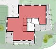 Floor plan with main living area, kitchen, two bedrooms, and a bathroom. Includes a wheelchair accessible area and a staircase.