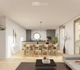 Open-plan living and dining area with wooden flooring, a dining table, and a couch.