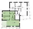 Floor plan with two bedrooms, living room, kitchen, bathroom, and balcony.