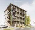 Modern multi-story building with balconies, greenery, and a contemporary design. The building features a combination of wood and concrete materials, with visible balconies and greenery on the facade. There are people walking and cars parked nearby.