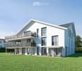 Modern two-story house with white exterior, large windows, and balconies. The house features a spacious lawn in front with outdoor seating and people walking nearby.