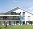 Modern two-story house with white exterior, large windows, and balconies on both levels. The house features a spacious lawn and patio area with outdoor furniture.