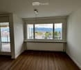 Empty room with wooden flooring, white walls, large windows offering a scenic view, and a radiator below one window.