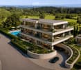 Modern two-story house with large windows, balconies, swimming pool, and landscaped garden.