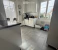 Modern kitchen with white cabinets, tiled floor, and large windows. Includes a refrigerator, chair, dishwasher, cat litter box, coffee maker, clock, and radiator.