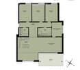 Floor plan of a 5.5-room apartment on the first upper floor, including three bedrooms, two bathrooms, a kitchen, a living/dining area, a home office, and a balcony.