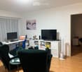 A modern living room with a green sofa, a small round table, a laptop, a TV, and a fan. The room features wooden flooring, white walls, and a large window with curtains.