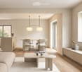Modern, open-concept living and dining area with light-colored wood flooring, large windows, a sofa, coffee table, dining table with chairs, and decorative items.