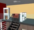 Modern living room with a fireplace, staircase leading to an upper level, a red sofa, a bookshelf, and a potted plant.