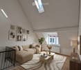 Modern living room with a sectional sofa, coffee table, side table, floor lamp, plant, and picture frames on the wall. The room features wooden flooring and a large skylight.