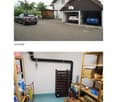 Two-story building with a garage, two parked cars, and a wooden shed. The lower image shows a storage room with shelves, boxes, and a wine rack.
