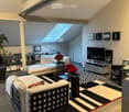 Modern living room with white sofa, coffee table, TV, floor lamp, bookshelf, and potted plants. Features a skylight and contemporary decor.