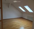 Empty attic room with wooden flooring, white walls, and skylight windows allowing natural light to enter.