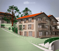 A multi-story residential building with balconies, orange-tiled roofs, and surrounding greenery.