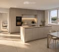 Modern kitchen with light-colored cabinetry, a central island, and a dining area. Features include an oven, sink, coffee maker, and a large window with a scenic view.