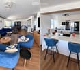 The image shows a modern, open-concept living and dining area with a kitchen. The living area features a blue sectional sofa, a coffee table, and several chairs. The dining area includes a round table with chairs. The kitchen has white cabinets, stainless