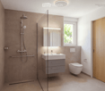 Modern bathroom with a glass-enclosed shower, a white sink with a grey cabinet, a toilet, and a mirror with built-in lighting. The walls are tiled in brown, and the floor is tiled in beige.