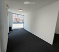 Empty hallway with grey carpet, white walls, and a large window showing a street view.