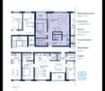 Floor plan of apartment 1.12 on the first floor, showing two bedrooms, living/dining area, kitchen, bathroom, hallway, and loggia.