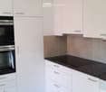 Modern kitchen with white cabinets, stainless steel oven, induction stove, and dishwasher.