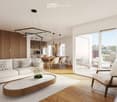 Modern, open-concept living and dining area with a white sofa, wooden coffee table, dining table with chairs, pendant lights, and a view of the city through large windows.