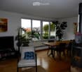 Bright living room with wooden flooring, large windows, a fireplace, a sofa, a chair, a dining table, a television, and decorative plants.